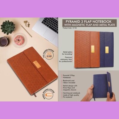 Pyramid 3 fold notebook with Magnetic flap and  metal plate