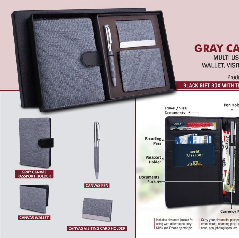 Canvas Gray Set of 4: Multi use Passport holder, Wallet, Card holder, Metal Pen