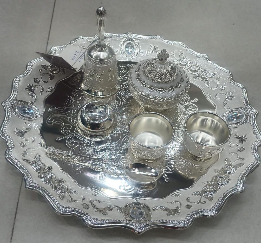 2 german silver pooja set for housewarming and wedding return gifts