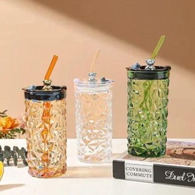 Glass Cup with Straw Creative Cute Juice Drinking Transparent Cup Tumbler Household Office Coffee Milk Mug with Lid and Straw