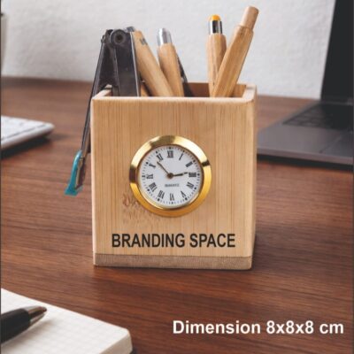 Wooden Pen Stand with Clock for Office Desk